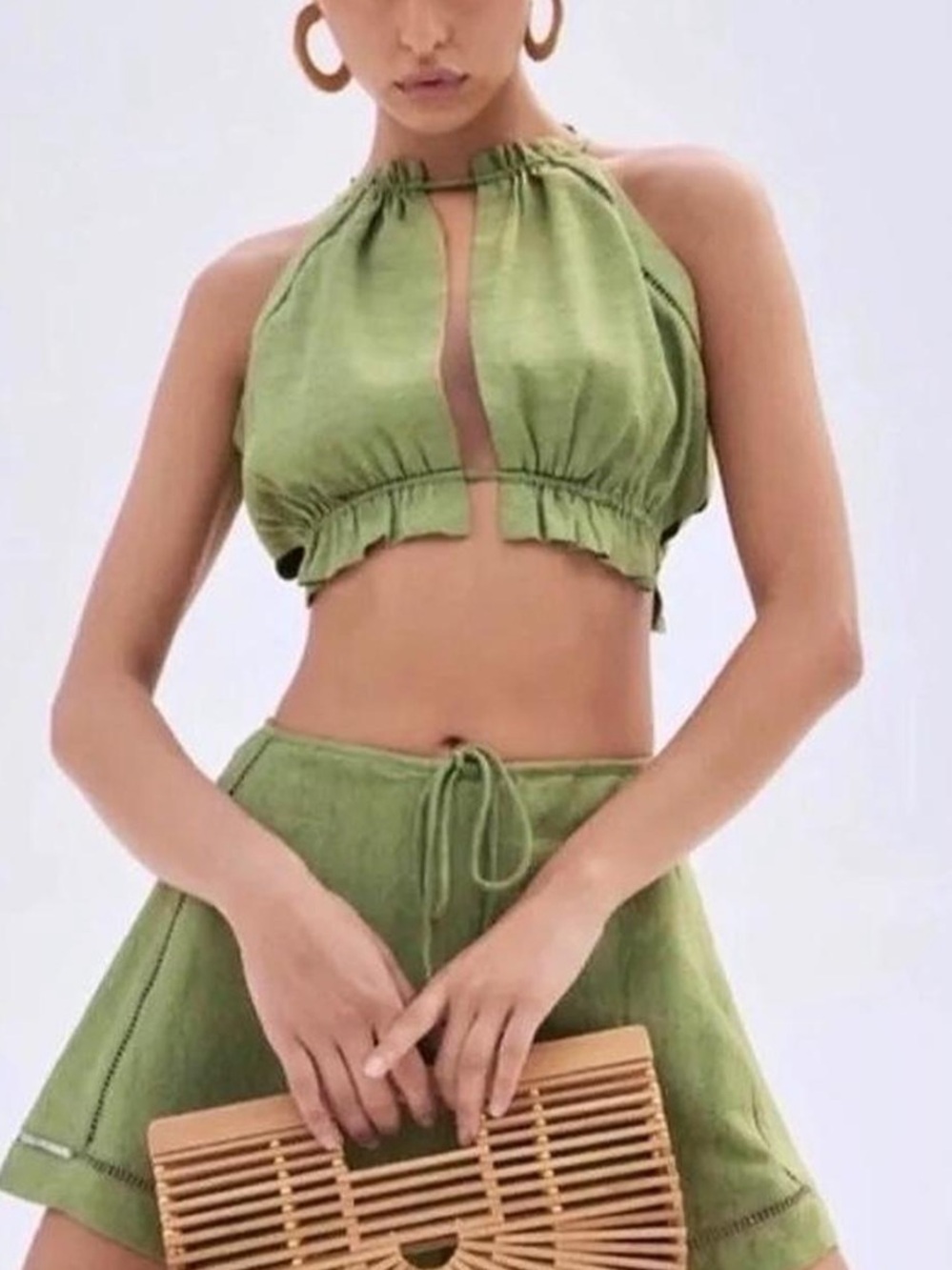 Cult Gaia Luxe Linen-blend Green Knit 2-Piece Set Crop Top & Shorts